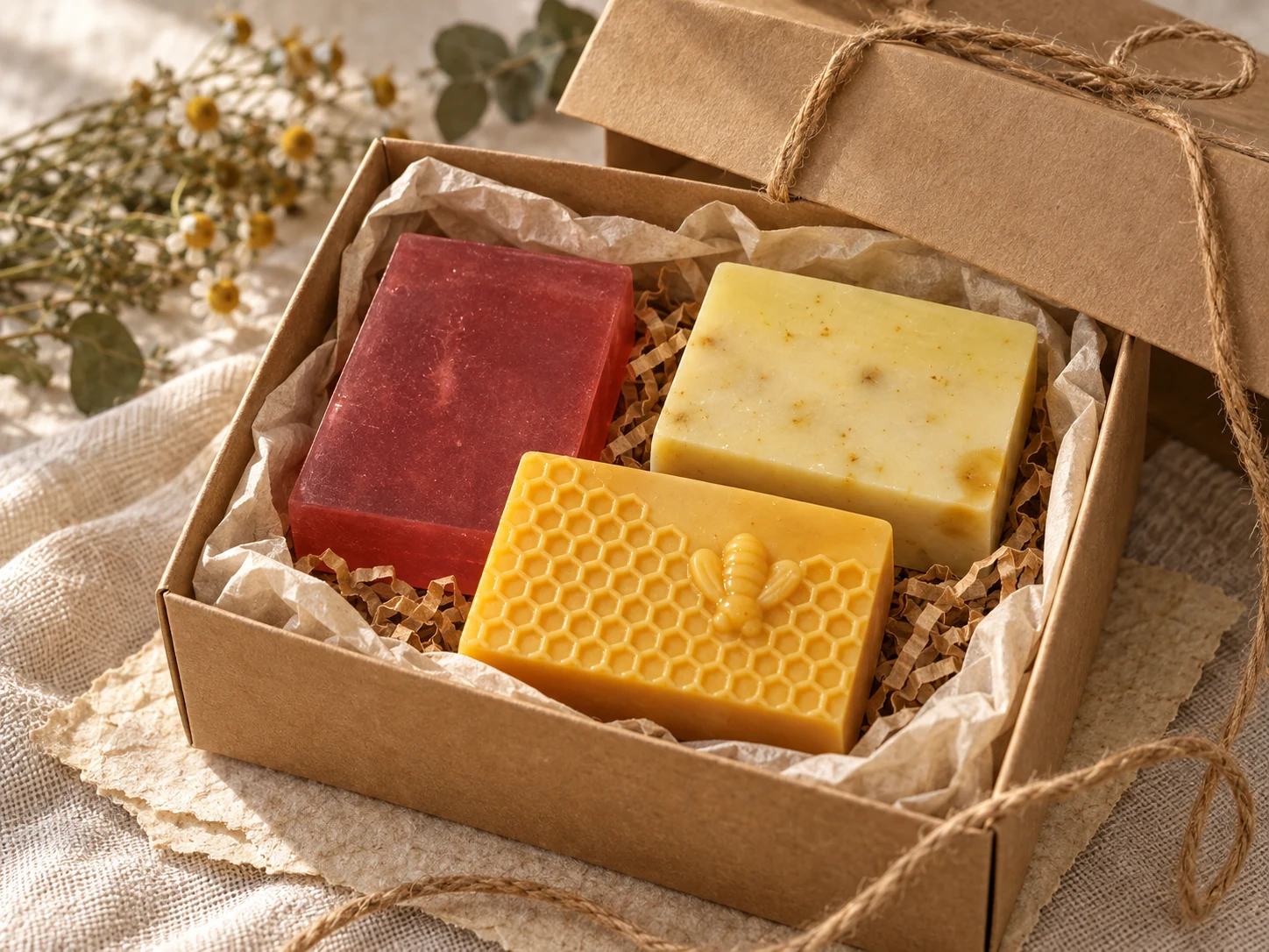 Caja de regalo con jabones artesanales de miel, rosa mosqueta y manzanilla